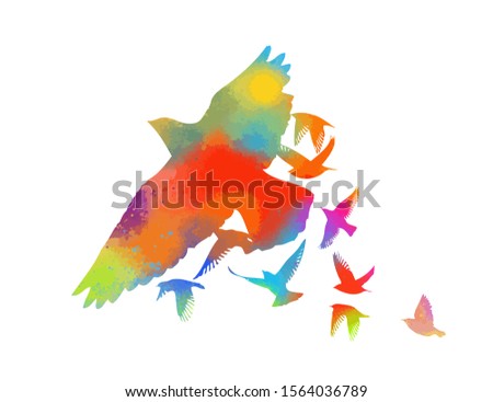 Multi-colored birds. A flock of flying rainbow birds. Vector