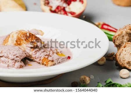 Close up of grilled chicken breast under pomegranate and walnut sauce on white plate on light stone background