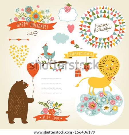 Set of animals illustrations and graphic elements for invitation cards, party invitation, holiday gifts, birthday cards
