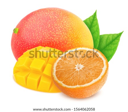 Composition with mix of fully ripened tropical fruits - mango and orange isolated on a white background with clipping path.