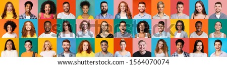Collage of mixed race happy people on bright backgrounds, panorama Royalty-Free Stock Photo #1564070074