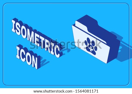 Isometric Medical veterinary record folder icon isolated on blue background. Dog or cat paw print. Document for pet. Patient file icon.  Vector Illustration