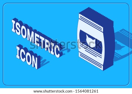 Isometric Bag of food for cat icon isolated on blue background. Food for animals. Pet food package.  Vector Illustration