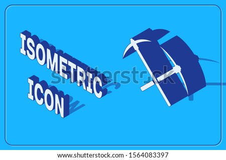 Isometric Crossed pickaxe icon isolated on blue background. Blockchain technology, cryptocurrency mining, bitcoin, altcoins, digital money market.  Vector Illustration