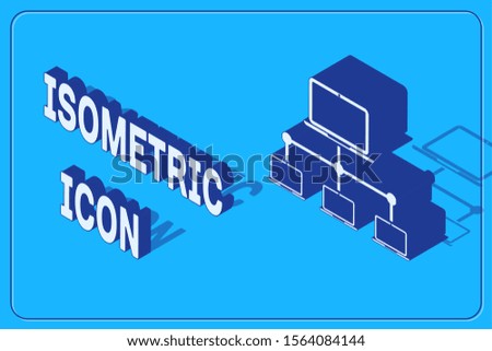 Isometric Computer network icon isolated on blue background. Laptop network. Internet connection.  Vector Illustration