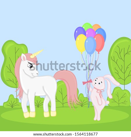 Unicorn and a bunny with balloons on a forest lawn. Cartoon style.