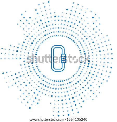 Blue line Carabiner icon isolated on white background. Extreme sport. Sport equipment. Abstract circle random dots. Vector Illustration