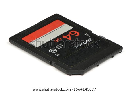 Modern professional  Memory Card features 64GB Storage Capacity,  ready to be used. Isolated on white background. High resolution photo. Full depth of field.