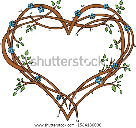 Heart frame of tree branches and small blue flowers
