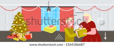 mother giving gift present box to little son merry christmas happy new year winter holidays celebration concept modern living room interior portrait horizontal vector illustration