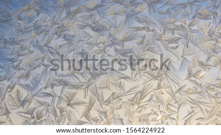 Beautiful diverse snow patterns formed due to severe frost on the glass