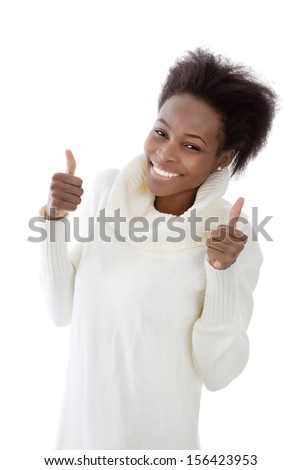 Successful African American woman in warm knitted pullover. 