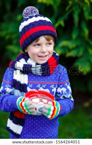 Happy little kid boy drinking hot cocoa and chocolate drink and marshmallows. Funny child in winter sweater, cap, long warm scarf and colorful gloves. On cold winter day during snowfall outdoors