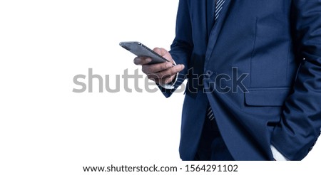 Business man holding smartphone Searching for information isolated on a white background.technology for business concept.