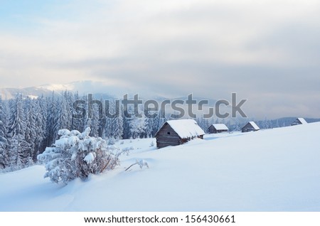 Winter landscape in a mountain valley with huts. Carpathians, Ukraine