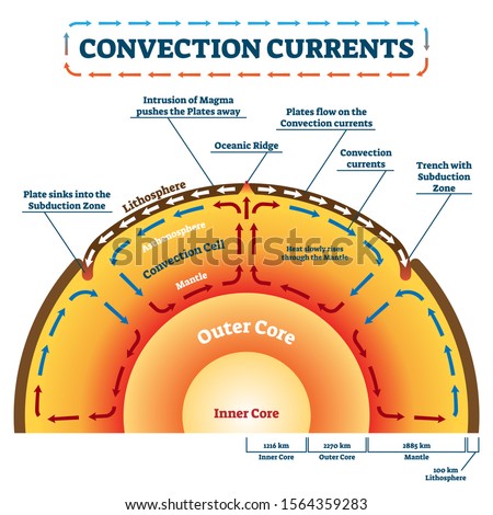 Convection Currents vector illustration. Labeled educational process scheme. Geology land movement and heat transfer by mass motion as molten rock. Lithosphere, ocean ridge and subduction zone example Royalty-Free Stock Photo #1564359283