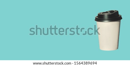 Paper cup with hot coffee to go isolated on a light blue background. Social media banner. Take away drinks, fast food. Sale text, promotion stock sign.Copy space, brand name mockup,space for price tag