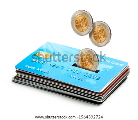 Coins Cashback falls into a credit card. Refund. Bonus payments after the purchase. Isolated on a white background. Royalty-Free Stock Photo #1564392724