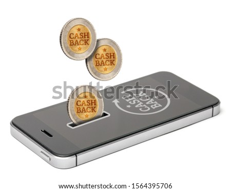 Coins Cashback falls into a mobile phone. Contactless payment NFC. Refund. Bonus payments after the purchase. Isolated on a white background.
