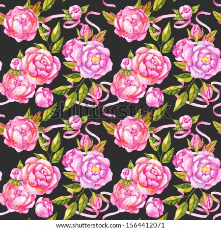 Vintage seamless pattern with peonies. Watercolor repeated pattern with flowers.
