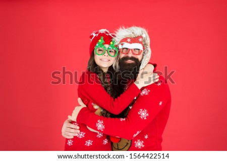 Real feelings. happy new year. family holiday. stay warm in winter. merry christmas. child and santa man on party. love and joy. father and daughter celebrate xmas. small girl having fun with dad.