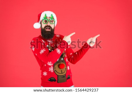 Time to celebrate. santa man party glasses. cheerful santa ready to celebrate xmas. time for christmas. hipster man reindeer on sweater. winter holiday. christmas shopping. happy new year. look here.