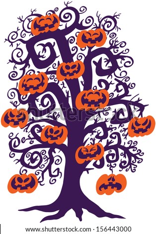 Silhouetted Halloween tree with no leaves, twisted branches and holding orange pumpkins which laughs, have fun and hangs as fruits