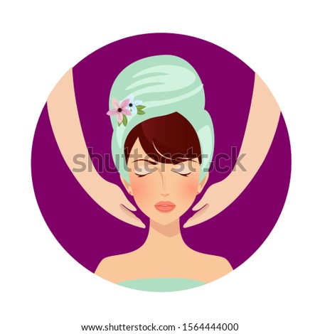 Face massage in spa salon. Relaxed woman with closed eyes and towel on head portrait and hands. Girl relaxation skin care medical procedure wellness. Cartoon Flat Illustration, Icon Clip art