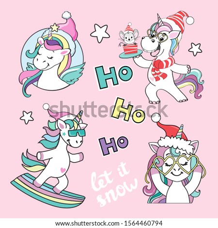 Christmas collection with unicorns in santa claus hat and inscription let it snow on a pink background