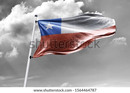 Waving Flag of Chile in Blue Sky. Chile Flag on pole for Independence day. The symbol of the state on wavy cotton fabric.