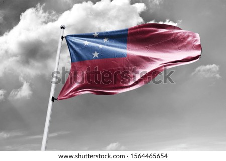 Waving Flag of Samoa in Blue Sky. Samoa Flag on pole for Independence day. The symbol of the state on wavy cotton fabric.