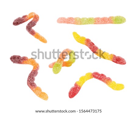 Set of multi-colored jelly worms on a white background