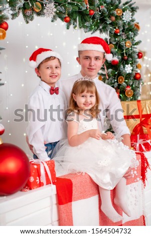 family portrait in the Studio decorated for the new year. Christmas family picture for memory. children smiling brothers and sisters. coniferous garland decorated with Christmas toys.