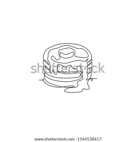 One single line drawing fresh stacked pancake with butter logo vector graphic illustration. Breakfast food cafe menu and restaurant badge concept. Modern continuous line draw design food shop logotype