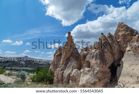 Blue Sky With White Clouds Background natural. Rose Valle Goreme volcanic landscape Cappadocia Turkey.