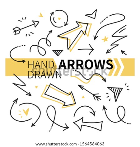 Hand drawn arrows collection - set of navigational web elements. Different decorative black linear signs showing ways left, forward, refresh, roundtrip symbols for navigation, website loading signs