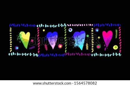 Memphis style hearts horizontal t-shirt fashion 90s design. Set of elements: fun hearts, stripes, bubbles, dots, waves. Vintage 80s party background. Vector multicolor gradient on black.