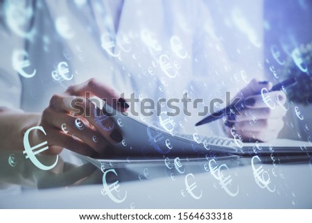 Financial chart drawn over hands taking notes background. Concept of research. Multi exposure