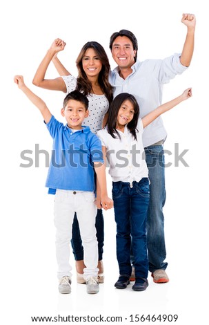 Family with arms up looking very happy - isolated over a white background 