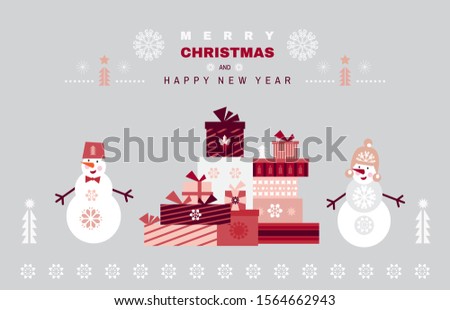 Merry Christmas posters. Snowman, gift boxes. Merry Christmas and Happy New year. Unique  cartoon  winter  design  for web banner, invitation,  greeting cards  in  flat style. Xmas. Vector