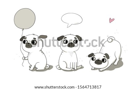 Cute cartoon pug set. Cheerful funny dog. Picture for the veterinarian. Vector illustration.