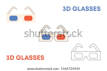 3d glasses vector illustration. Three-dimensional film viewing mean. Contemporary spectacles with blue and red lenses color design element. Modern cinema equipment isolated on white background.
