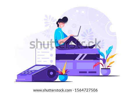 Credit card online payment concept with modern man using laptop to pay, money terminal, and bill. Fintech illustration in flat design.
