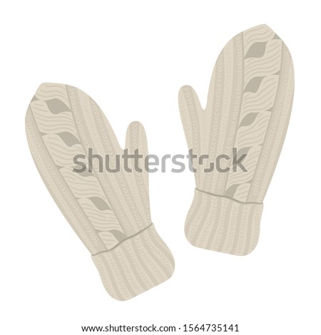 Winter clothes illustration. Pair of beige vector knitted mittens for cold weather isolated on white background. Flat picture of clothing items for hands