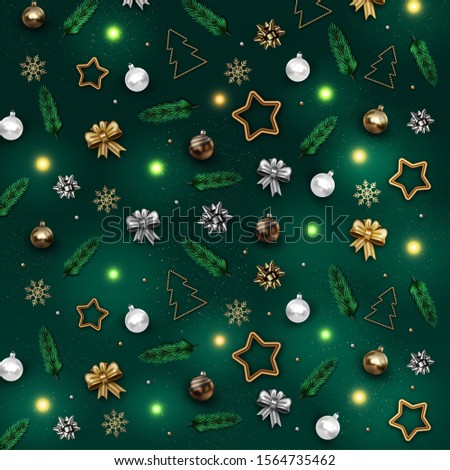 Realistic Christmas pattern background with golden and silver balls. Decorative pine branches