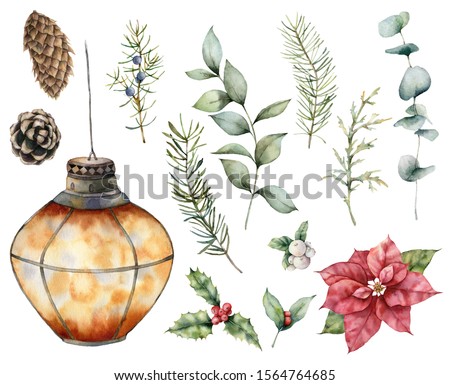 Watercolor floral Christmas set. Hand painted holiday mistletoe, holly, poinsettia, lantern and pine cone isolated on white background. Winter illustration for design, print, fabric or background