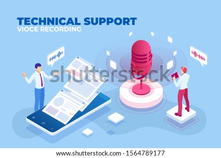 Isometric technical support vioce recording and digital sound wave concept. Musical melody design. Soundwave audio music. Voice message or recording voice.