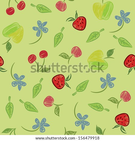 Seamless pattern with fruits and berries, pen drawn effect. Vector illustration
