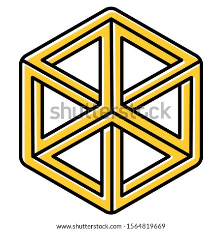Optical illusion puzzle yellow color icon. Paradox. Mental exercise. Challenge. Ingenuity, intelligence test. Visual brain teaser. Problem solving. Solution finding. Isolated vector illustration