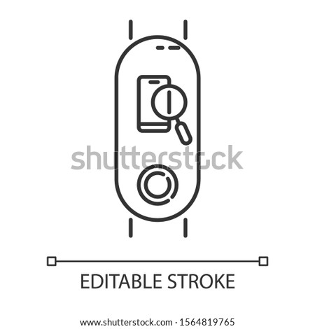 Fitness tracker with smartphone finder linear icon. Wellness gadget with lost cellphone location function. Thin line illustration. Contour symbol. Vector isolated outline drawing. Editable stroke